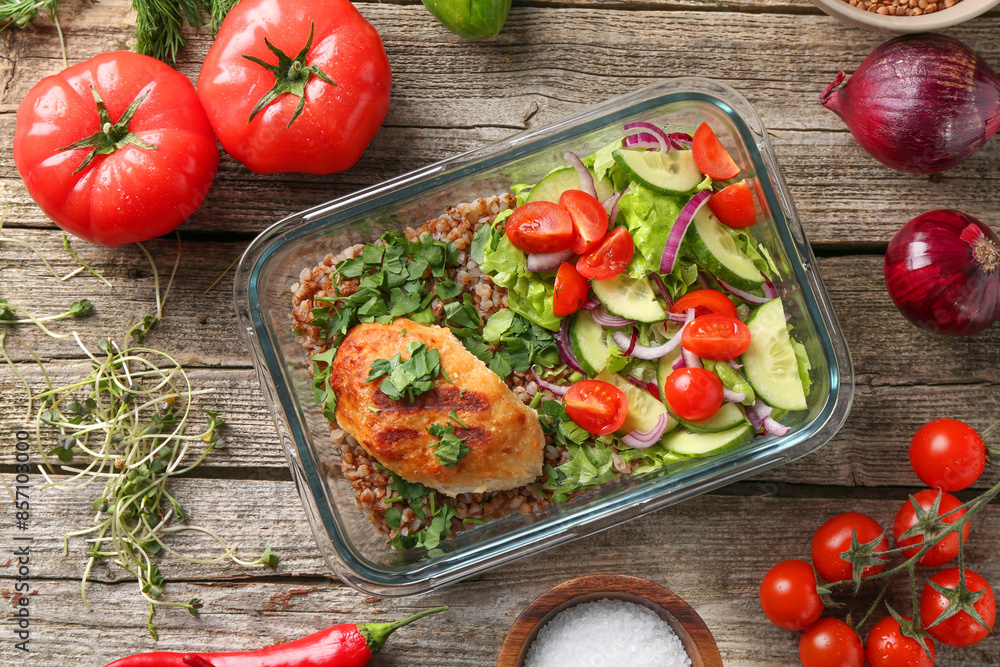 Healthy meal. Cutlet, buckwheat and salad in container near other products on wooden table, flat lay Healthy meal. Cutlet, buckwheat and salad in container near other products on wooden table, flat lay