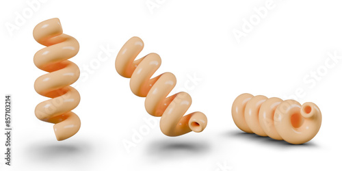 Short spiral pasta in realistic style. Vector dough products in different positions