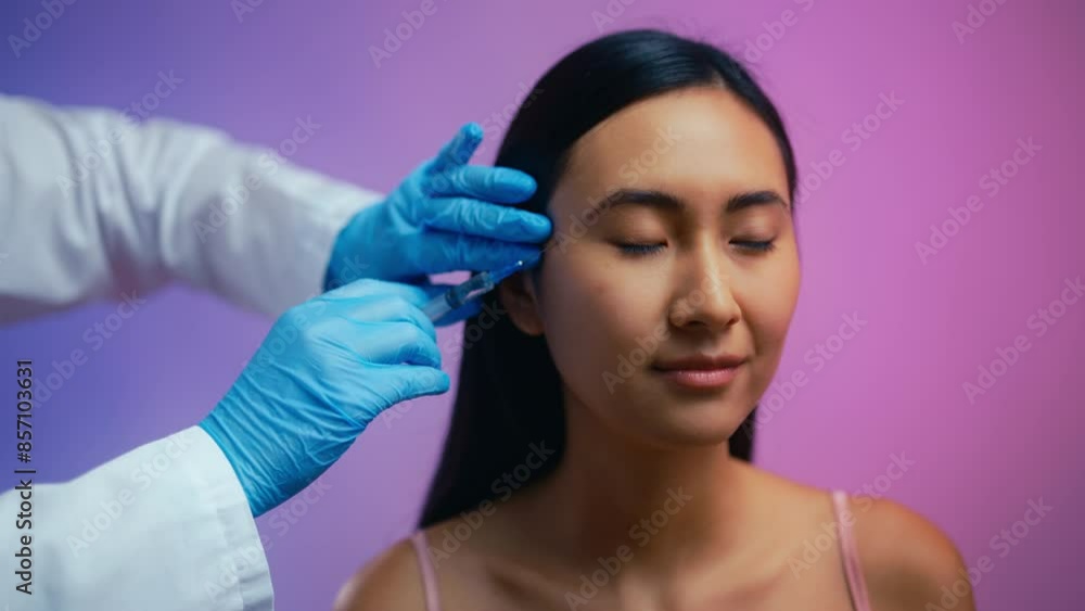 Doctor making beauty injection to smiling Asian woman, rejuvenation procedure Doctor making beauty injection to smiling Asian woman, rejuvenation procedure