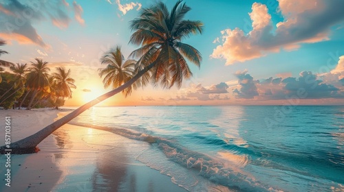 beautiful sunset on a paradise island with palm trees