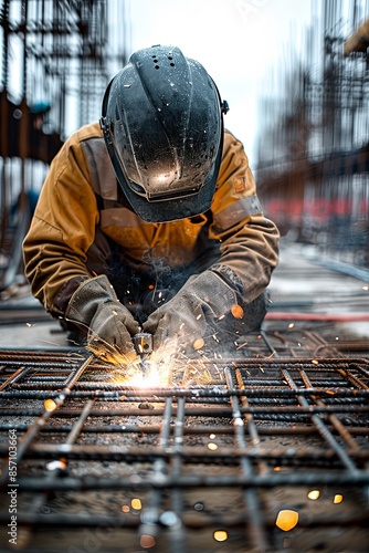 Construction worker welding metal parts with torch on construction site
