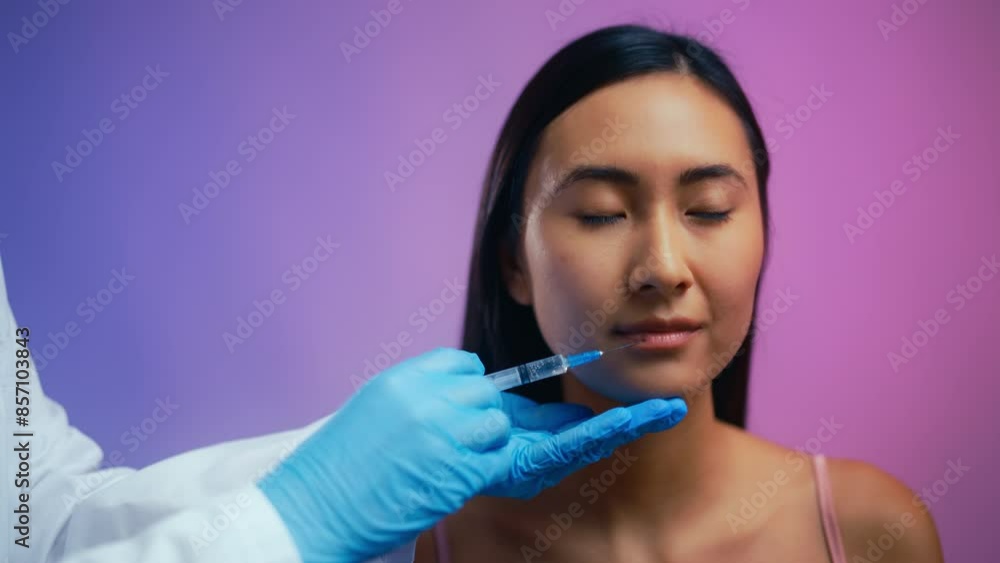 Young Asian woman getting lip filler injection, cosmetology services, beauty Young Asian woman getting lip filler injection, cosmetology services, beauty