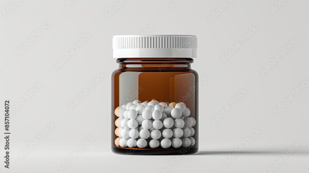 Amber supplement bottle with large tablets inside, on white background Amber supplement bottle with large tablets inside, on white background