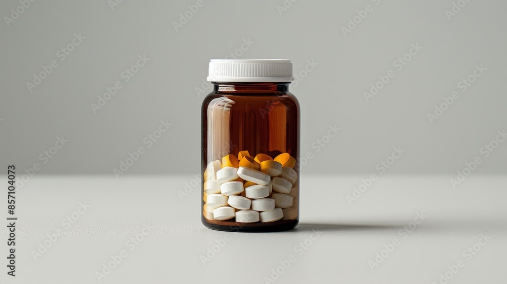 Amber supplement bottle with large tablets inside, on white background Amber supplement bottle with large tablets inside, on white background