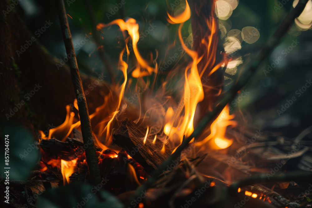 Close Up of Warm Campfire in Forest Setting with Glowing Flames and Blurred Background Close Up of Warm Campfire in Forest Setting with Glowing Flames and Blurred Background