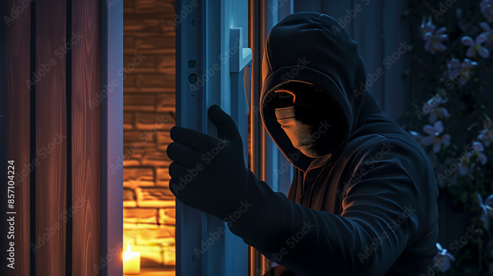 thief in balaclava breaking into a home at night - burglary , home security and vacation crime concept thief in balaclava breaking into a home at night - burglary , home security and vacation crime concept