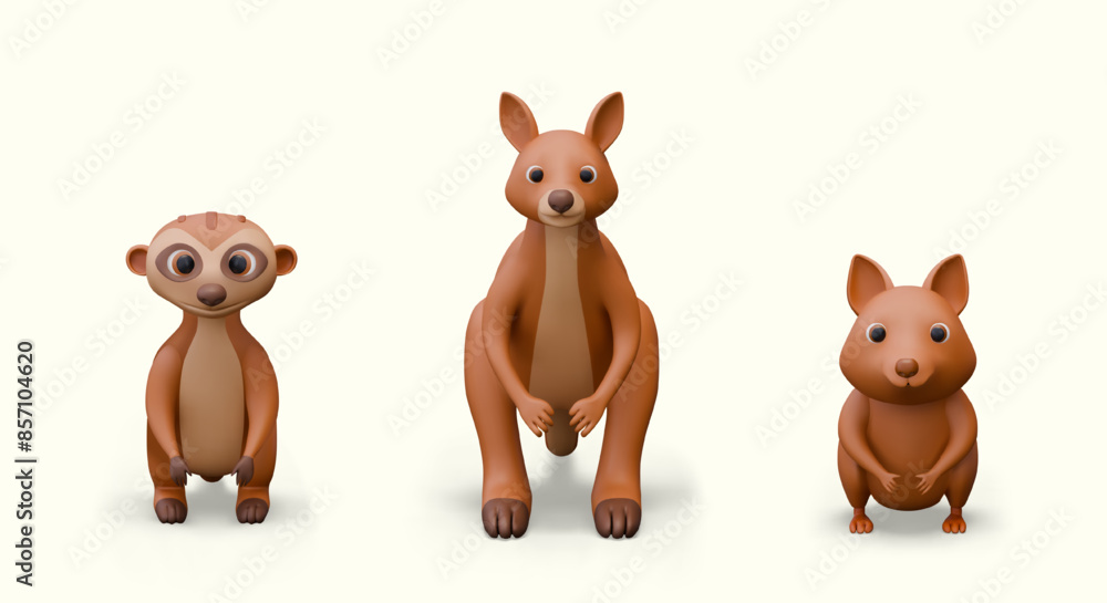 Set of brown wild animals. Meerkat, kangaroo, quokka. Vector models, front view Set of brown wild animals. Meerkat, kangaroo, quokka. Vector models, front view