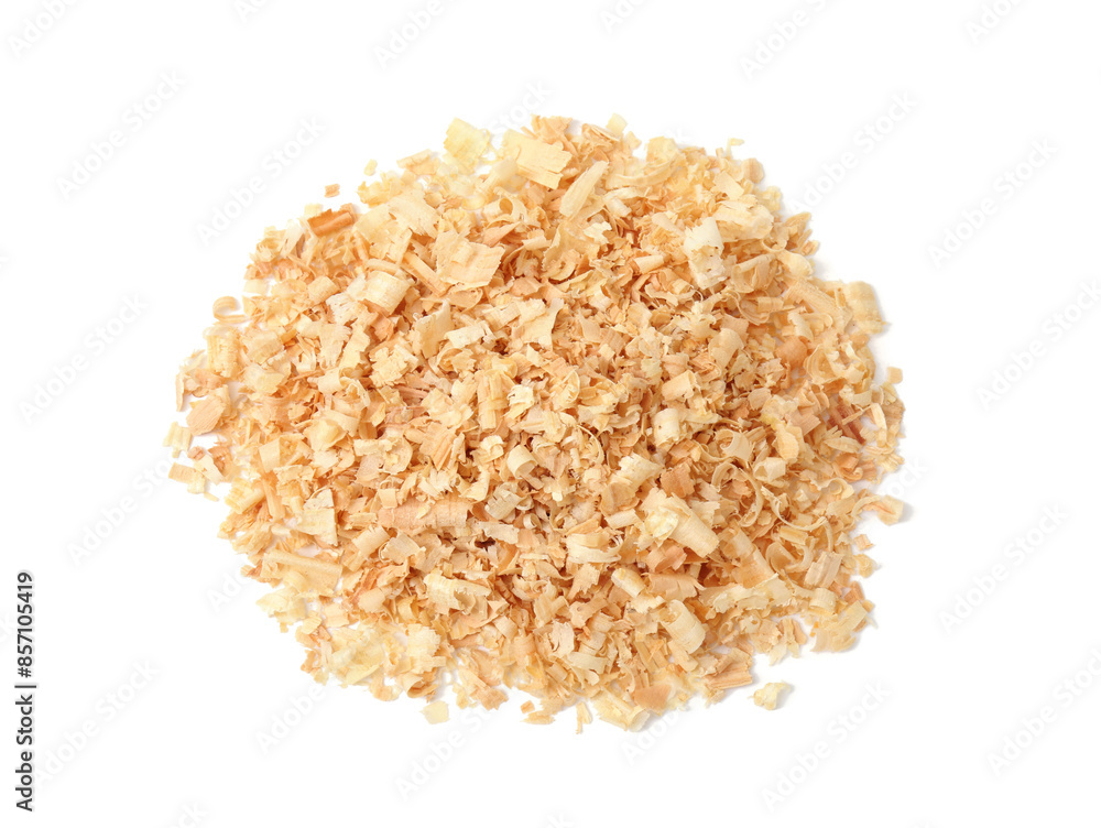 Pile of natural sawdust isolated on white, top view Pile of natural sawdust isolated on white, top view