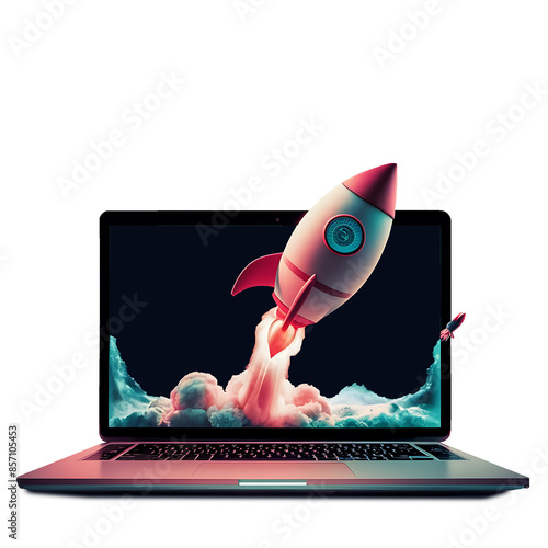 Laptop with a rocket taking off. Concept of earning money online, working in digital business, entrepreneurship, cryptocurrency,investment, digital marketing, 3d render, illustration, typography