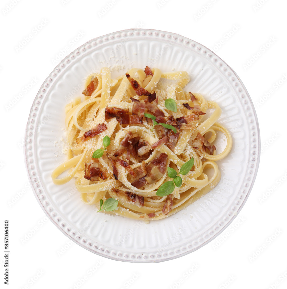 Tasty pasta with bacon and basil isolated on white, top view Tasty pasta with bacon and basil isolated on white, top view