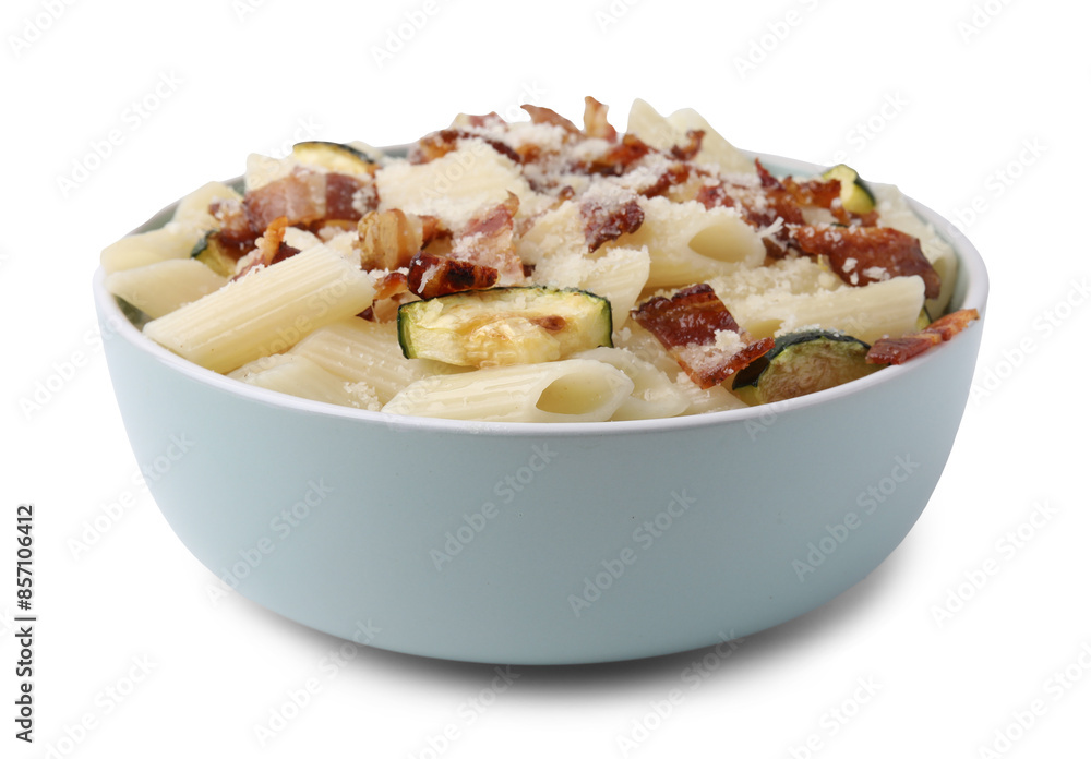 Tasty pasta with bacon and cheese isolated on white Tasty pasta with bacon and cheese isolated on white
