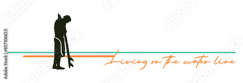 Vector illustration of surfer silhouette with stripes in the background and text alluding to the surf.