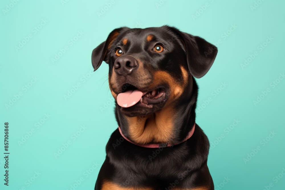 Fototapeta premium Portrait of a funny rottweiler isolated in solid pastel color wall