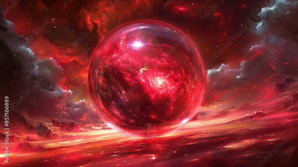 Fototapeta premium Multiple red nebulas in a glass ball, illustration background