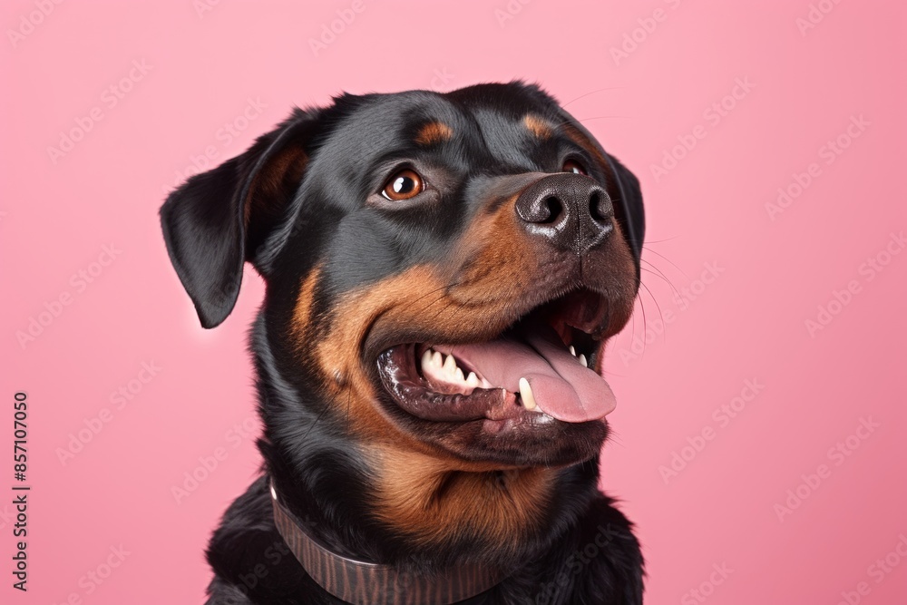 Fototapeta premium Portrait of a funny rottweiler while standing against solid pastel color wall