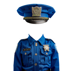 Blue police officer uniform and hat for kids on transparent background clipart