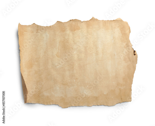 Sheet of old parchment paper isolated on white, top view