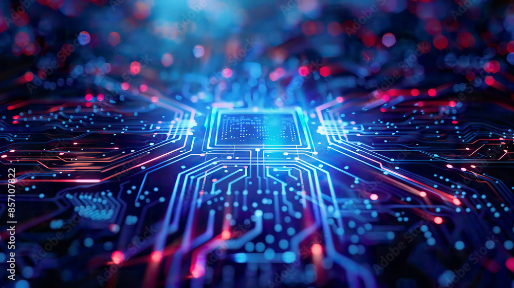 Blue glowing circuit board abstract background with central copy space ideal for AI Technology and Cryptocurrency Blue glowing circuit board abstract background with central copy space ideal for AI Technology and Cryptocurrency