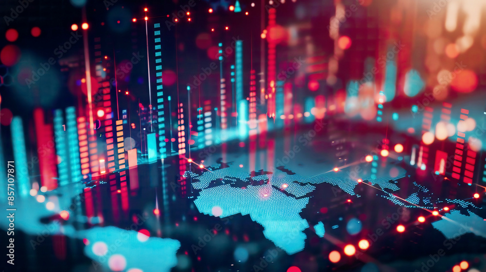 Fototapeta premium Business and economic growth on a global business network data analysis of financial and banking sectors stock market trends AI technology data connections security blockchain and networking