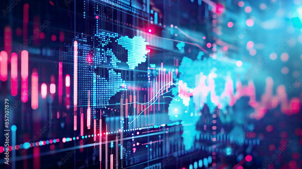 Fototapeta premium Business and economic growth on a global business network data analysis of financial and banking sectors stock market trends AI technology data connections security blockchain and networking