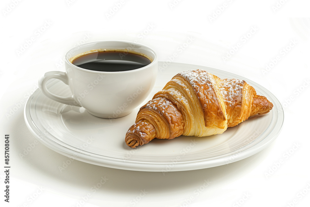 Croissant and a cup of coffee on a plate isolated on a white background. Created with Generative AI technology. Croissant and a cup of coffee on a plate isolated on a white background. Created with Generative AI technology.