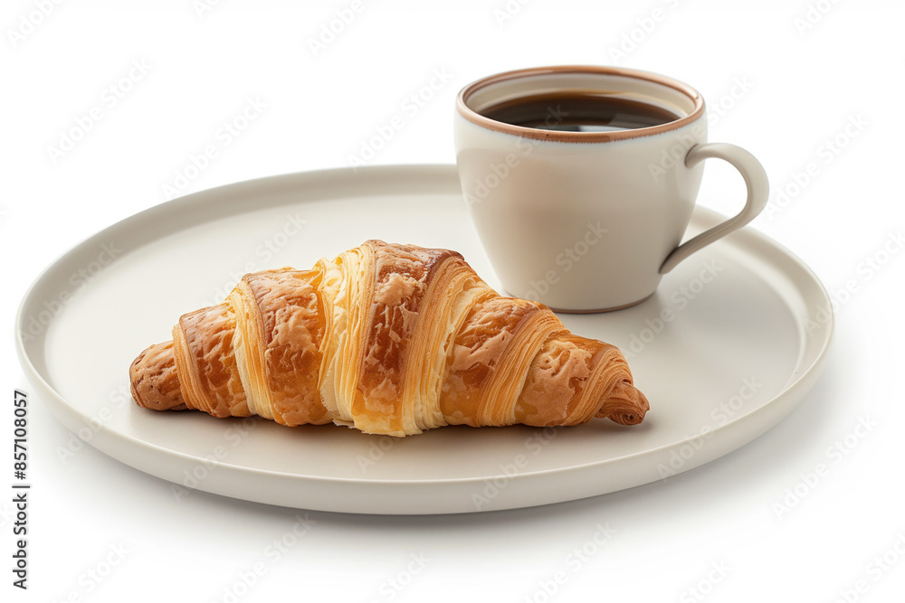Croissant and a cup of coffee on a plate isolated on a white background. Created with Generative AI technology. Croissant and a cup of coffee on a plate isolated on a white background. Created with Generative AI technology.