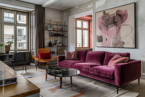 Wallpaper Mural photo of pink sofa and recliner chair with plants in a scandinavian clean and minimalist living room apartment and design interior furniture Torontodigital.ca