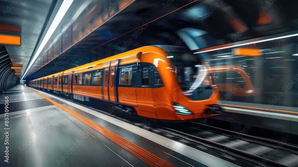 An orange modern train in motion with a subway station background. An orange modern train in motion with a subway station background.