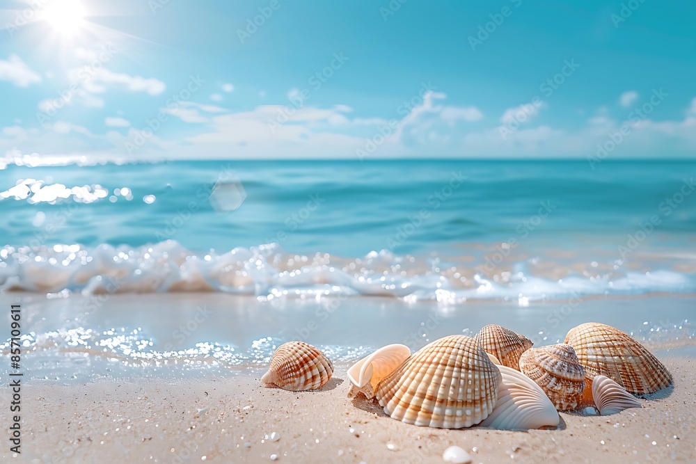 Seashells on the Sandy Beach with Blue Ocean in the Background Seashells on the Sandy Beach with Blue Ocean in the Background
