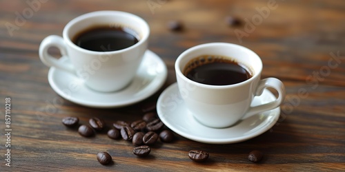 Two white coffee cups filled with black coffee, placed on a wooden table with coffee beans around them, depicting a shared coffee moment. photo