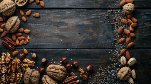 Nuts and seeds on dark wooden surface photo