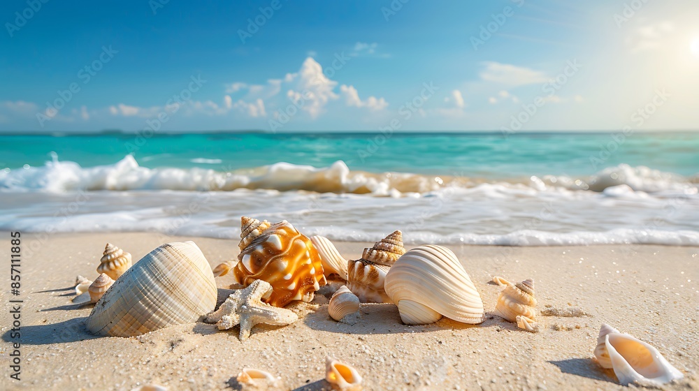 Seashells on a Tropical Beach with a Blue Ocean Seashells on a Tropical Beach with a Blue Ocean