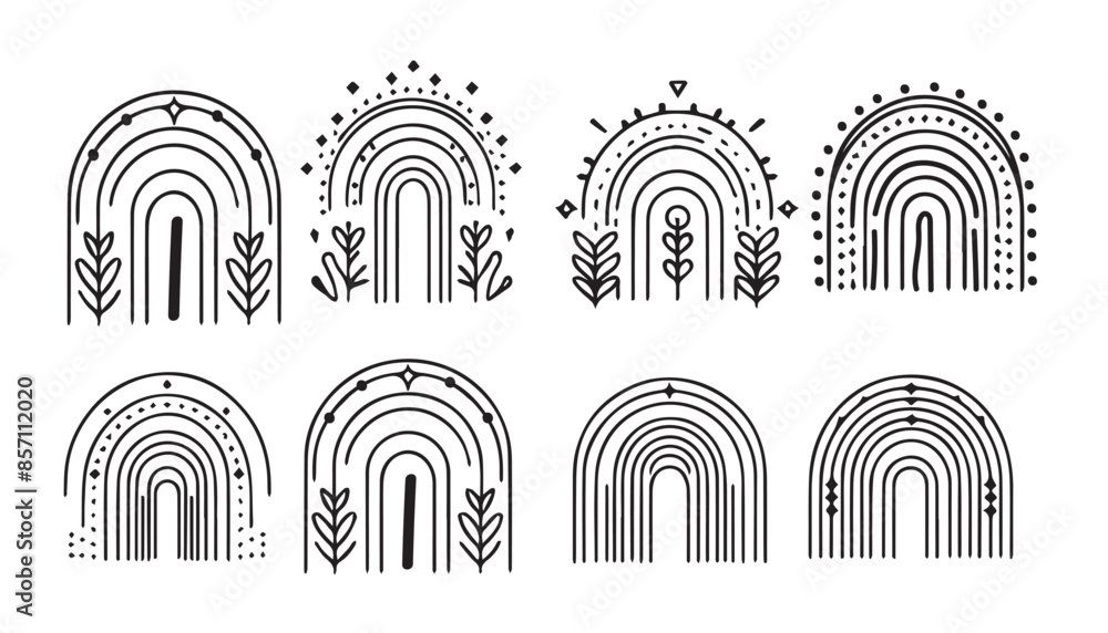 Set of rainbow stripe, vector lines and botanical elements, Rainbow wall art illustration. Set of rainbow stripe, vector lines and botanical elements, Rainbow wall art illustration.