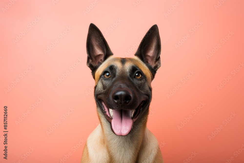 Obraz premium Portrait of a happy belgian malinois dog on solid pastel color wall