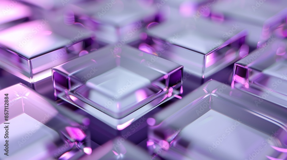 Abstract geometric pattern of transparent purple cubes in a grid, creating a futuristic 3D effect with depth and shadows, cubes reflecting light in a dynamic way