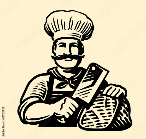 Chef cuts piece of fresh meat with butcher knife. Male cook preparing food in restaurant