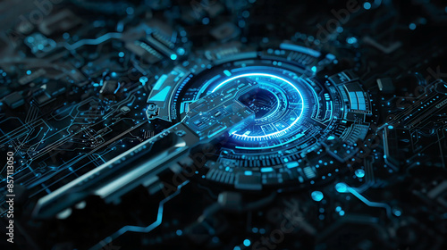 Futuristic cyber security concept abstract digital key with technology interface glowing blue elementsdesign dark background  photo