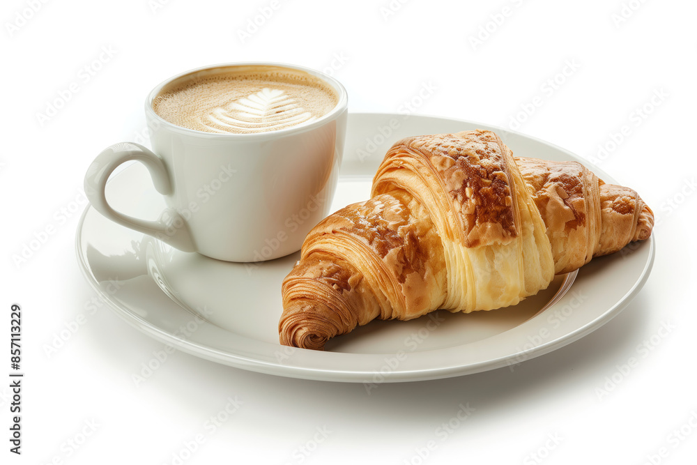 Croissant and a cup of coffee on a plate isolated on a white background. Created with Generative AI technology. Croissant and a cup of coffee on a plate isolated on a white background. Created with Generative AI technology.