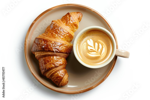 Croissant and a cup of coffee on a plate isolated on a white background. Top down view. Created with Generative AI technology.