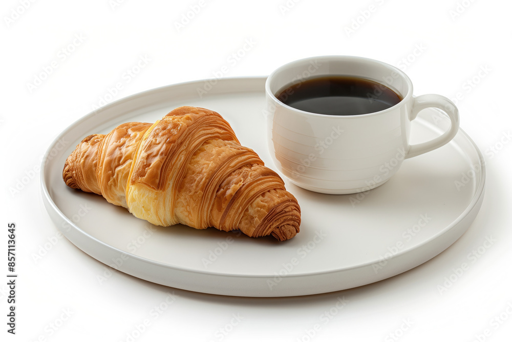 Croissant and a cup of coffee on a plate isolated on a white background. Created with Generative AI technology. Croissant and a cup of coffee on a plate isolated on a white background. Created with Generative AI technology.