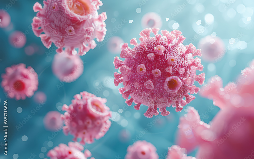 Close Up View of Pink Viruses Against a Blue Background in a Medical Illustration Close Up View of Pink Viruses Against a Blue Background in a Medical Illustration