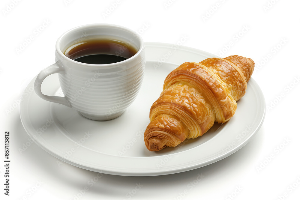 Croissant and a cup of coffee on a plate isolated on a white background. Created with Generative AI technology. Croissant and a cup of coffee on a plate isolated on a white background. Created with Generative AI technology.