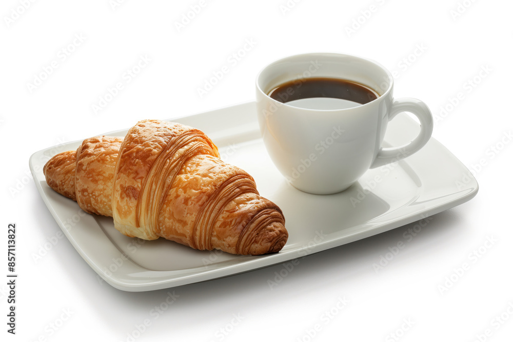 Croissant and a cup of coffee on a plate isolated on a white background. Created with Generative AI technology. Croissant and a cup of coffee on a plate isolated on a white background. Created with Generative AI technology.