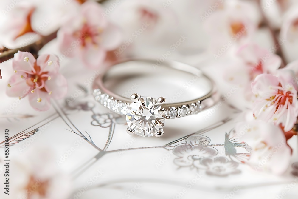 close up wedding ring with diamond isolated on flower sakura blossom background, jewelry marriage engagement concept, woman present birthday valentine day, flat lay, top view, gift banner close up wedding ring with diamond isolated on flower sakura blossom background, jewelry marriage engagement concept, woman present birthday valentine day, flat lay, top view, gift banner