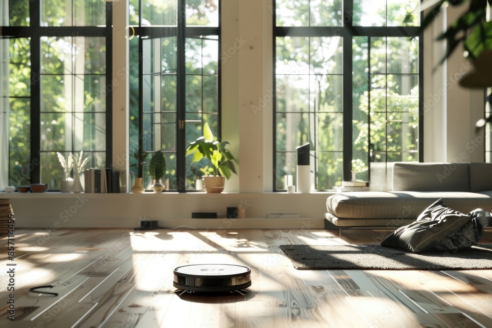 A warm and inviting living room with a wooden floor and large windows A warm and inviting living room with a wooden floor and large windows
