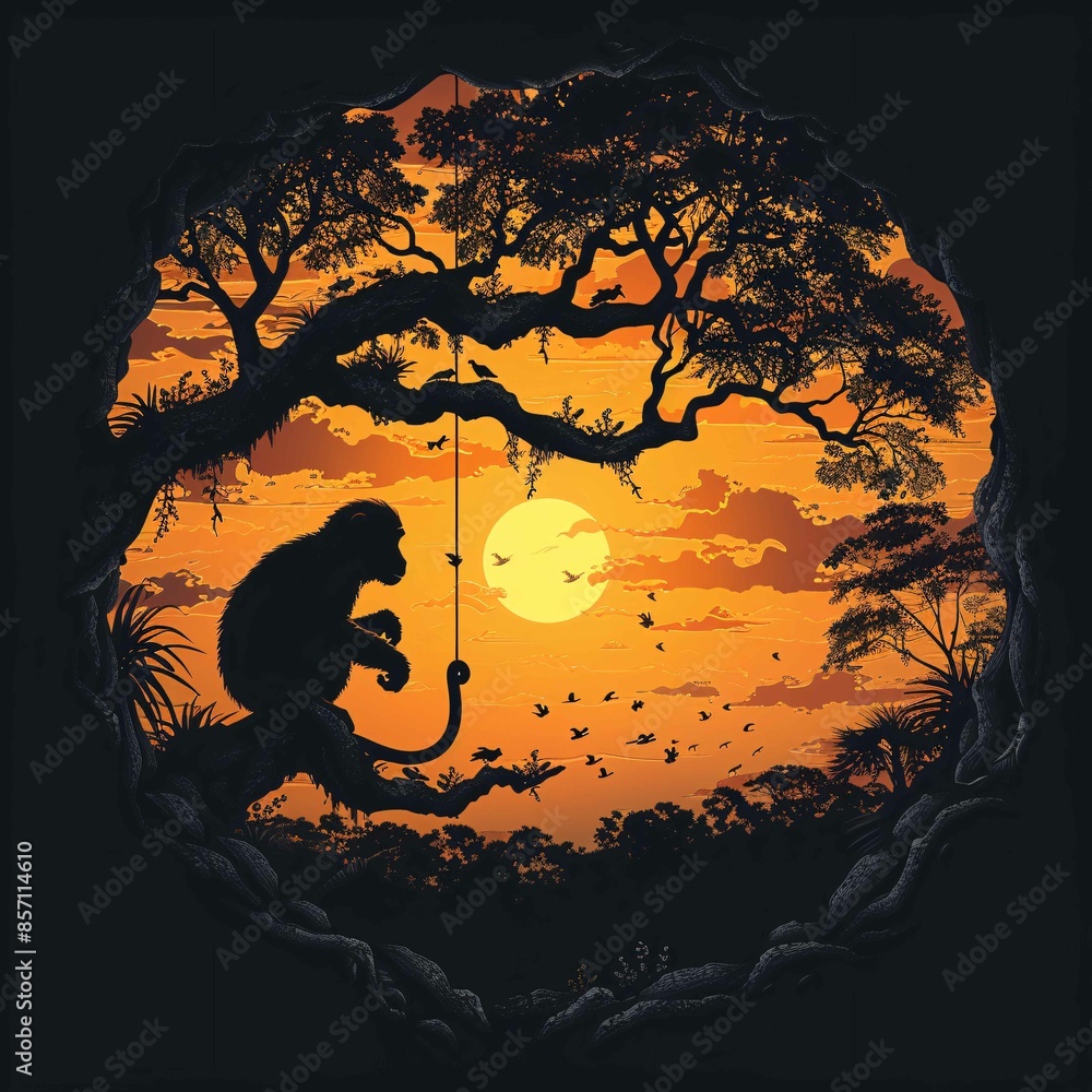 Silhouette of swinging monkey, sunset feel. Silhouette of swinging monkey, sunset feel.