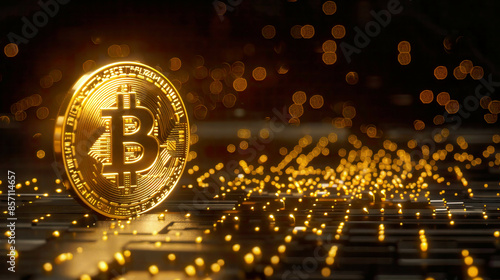 Golden bitcoin with polygonal geometric backdrop high-resolution ultra-detailed dark background with luminous patterns highlighting the cryptocurrency symbol 