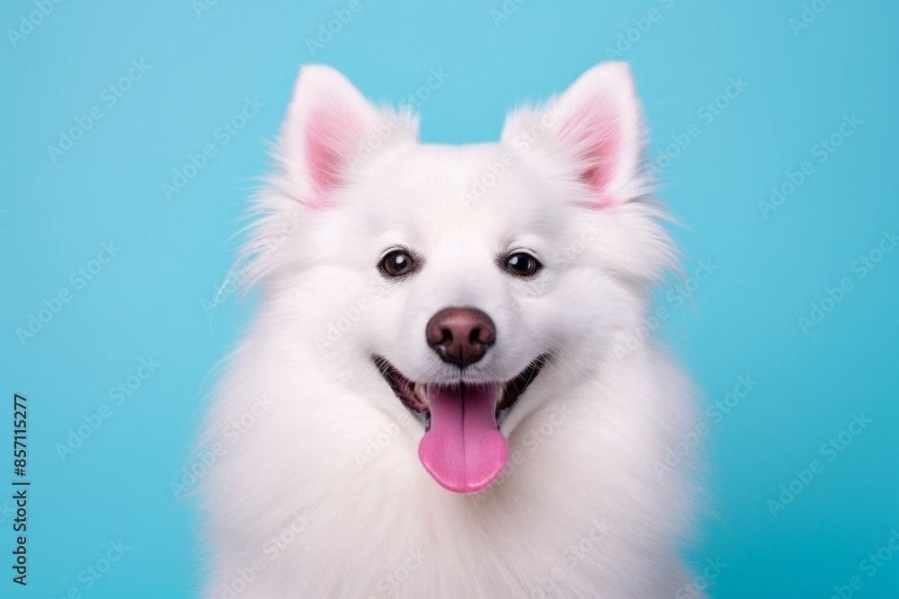 Portrait of a smiling american eskimo dog in front of solid pastel color wall Portrait of a smiling american eskimo dog in front of solid pastel color wall