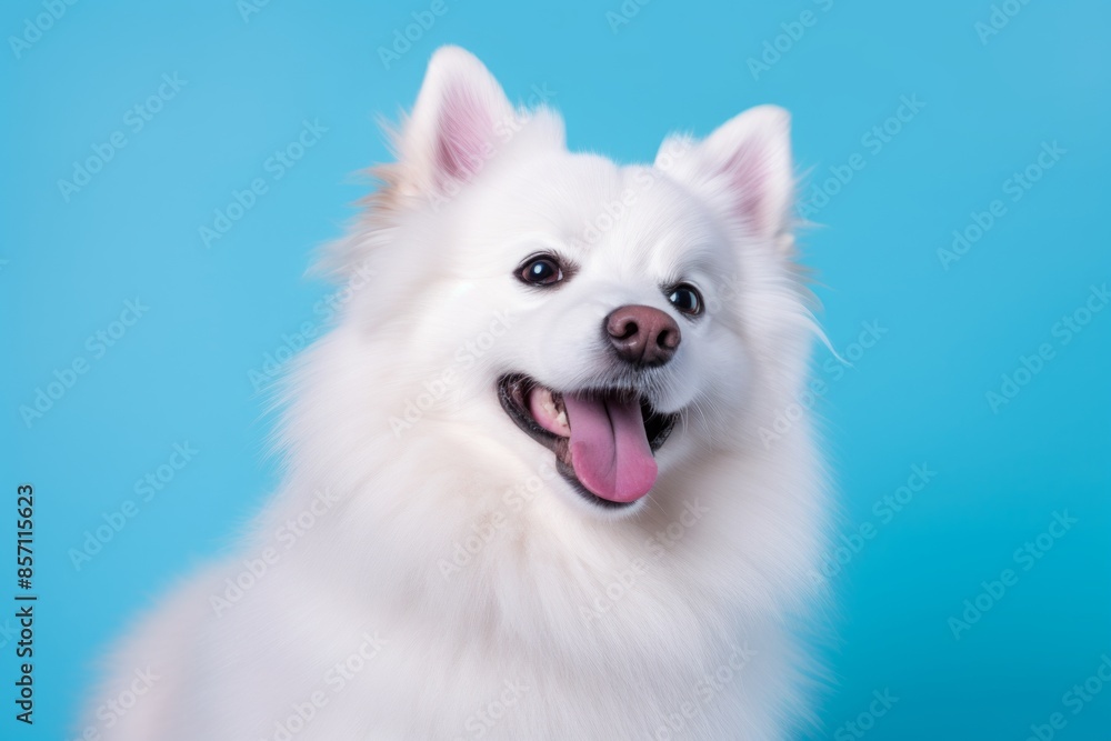 Portrait of a smiling american eskimo dog isolated in solid pastel color wall Portrait of a smiling american eskimo dog isolated in solid pastel color wall