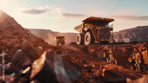Giant Dump Trucks in an Open-Pit Mine at Sunset photo